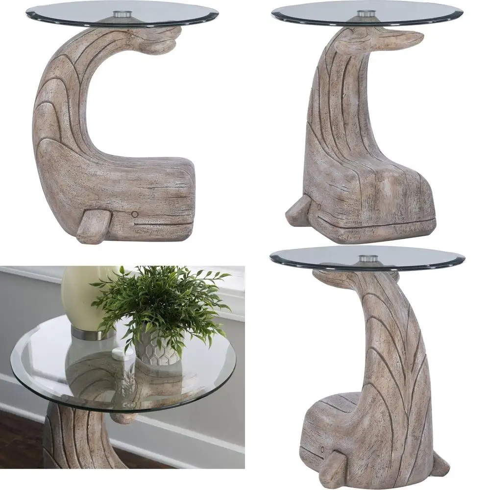 

Whale-Inspired Peabody Brown Driftwood Accent Table with Glass Surface