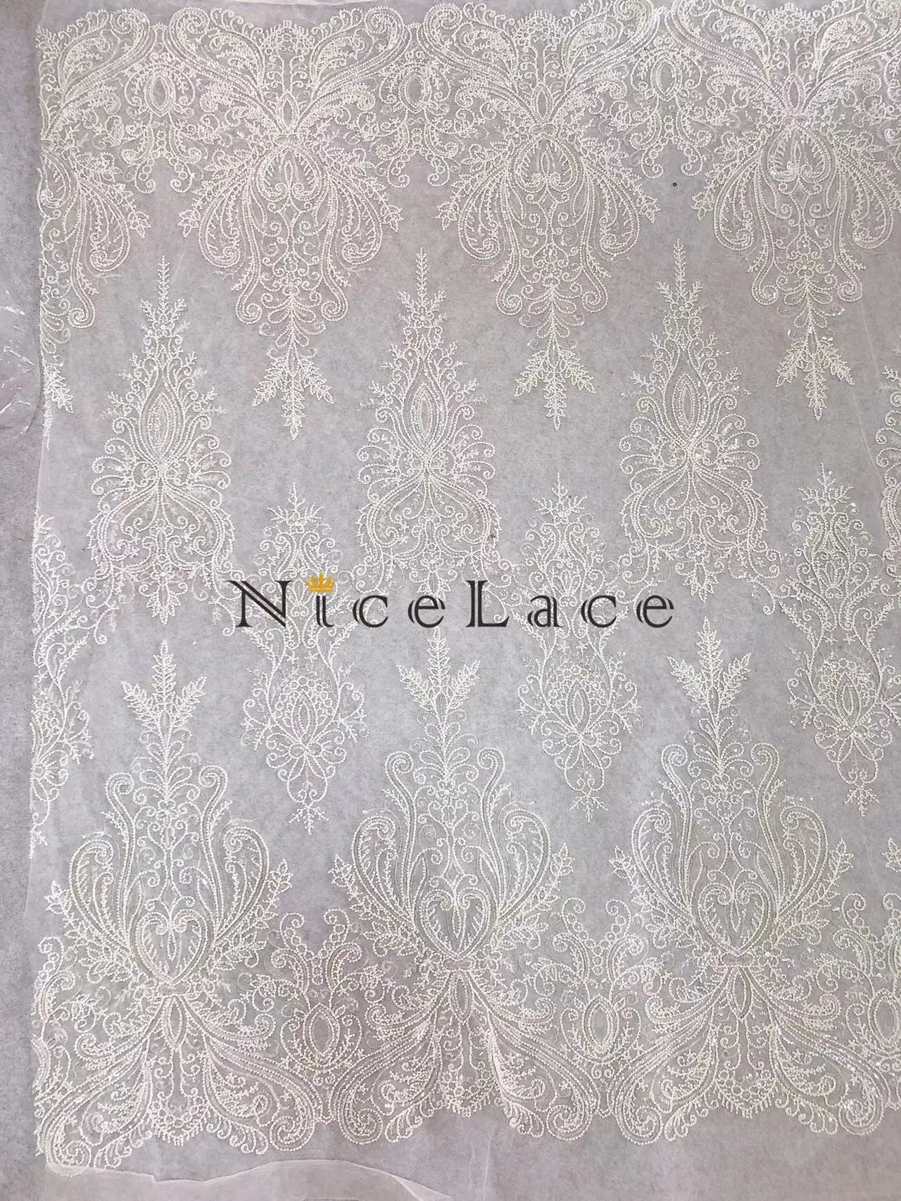 Nicelace Ready To Ship Good Quality Sequins Embroidery Lace Fabric With Full Beads Soft Tulle For Bride Wedding Gown Garments