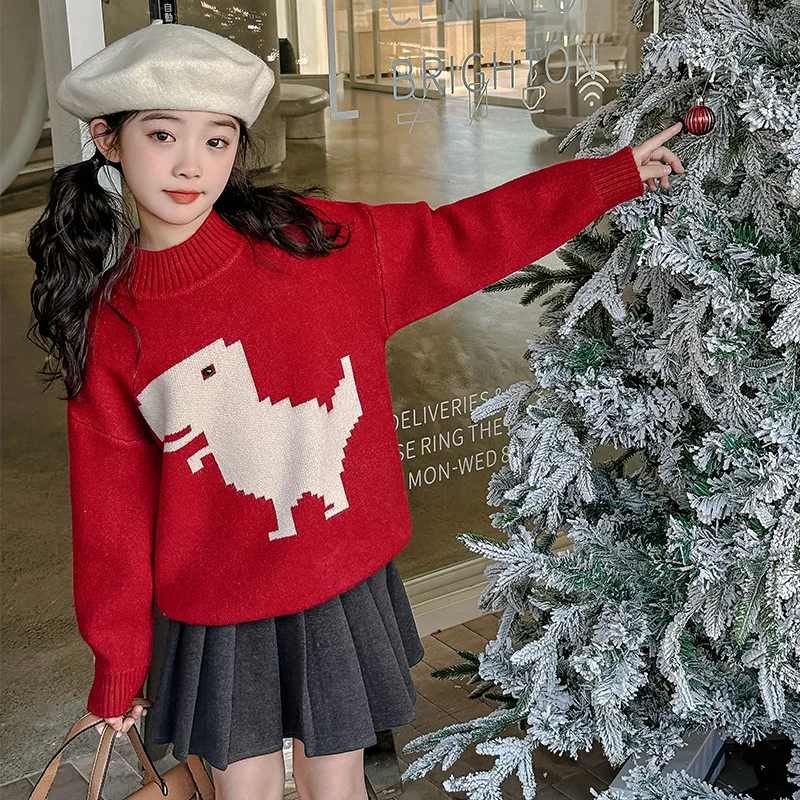 Child Dinosaur Christmas Sweater For Girls Casual Red Color New Year Knitwear With Dragon Kids Baby Cute Cartoon Knitted Outfits