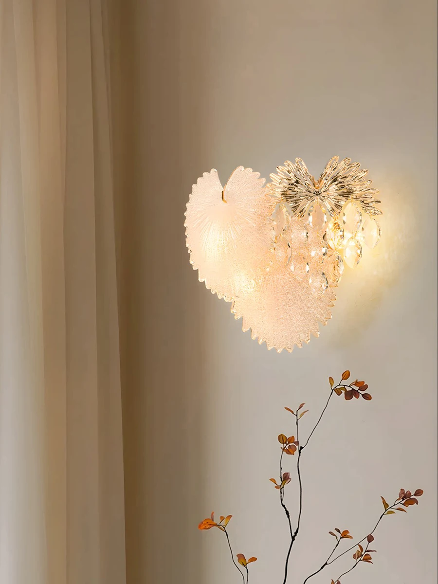 Light Luxury Heart Shape Wall Sconce K9 Crystal Clear Glass Leaf For Bedroom Bedside Living Room TV Background Wall Corridor