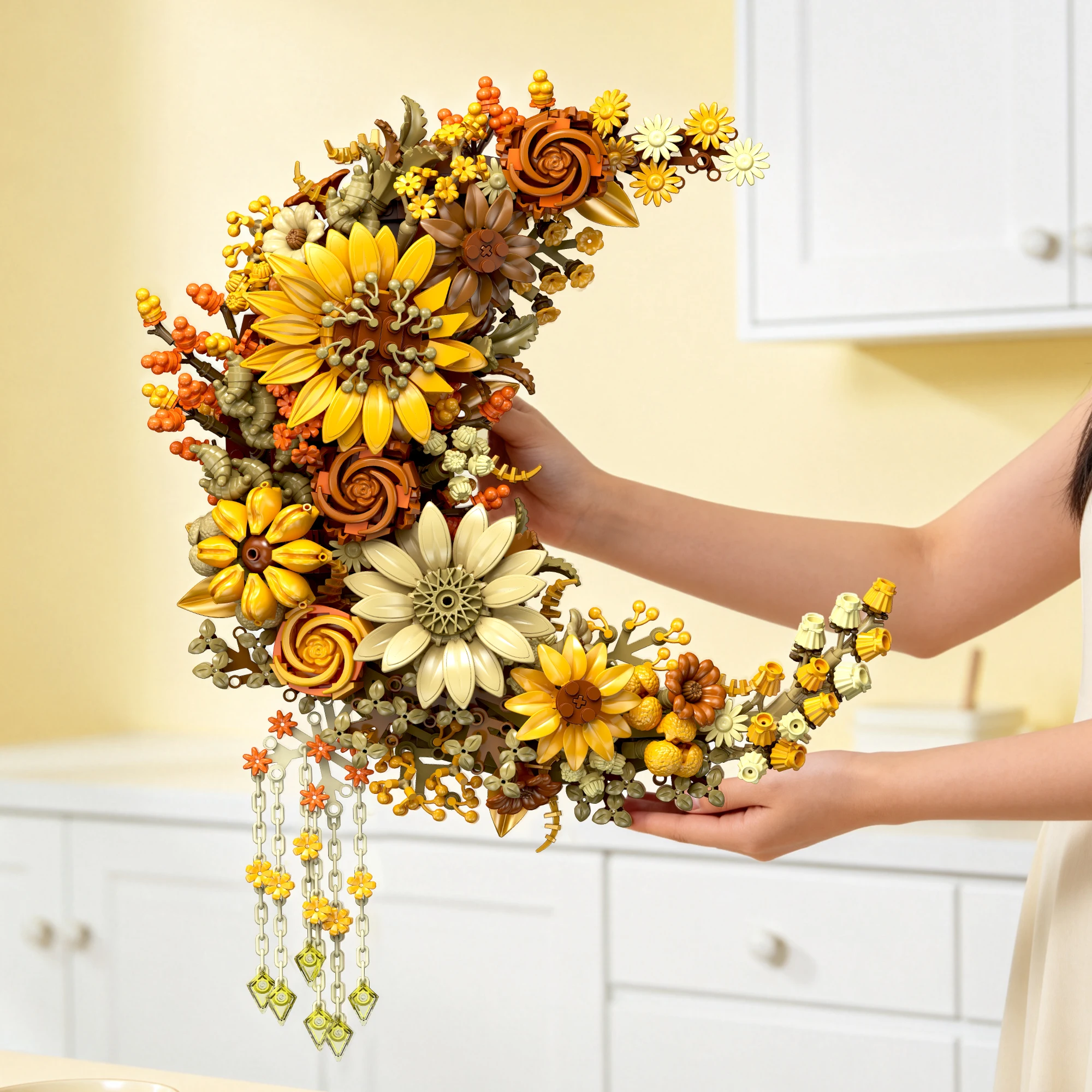Golden Moon Flower Wall Blocks DIY Floral Moon Art Model Creative Home Wall Decor Ornament Unique Gift for Home & Art Lovers view 2