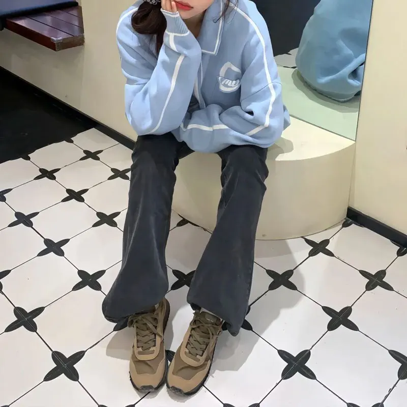 

Korean Polo-Neck Fashionable Zipper Coats Autumn Winter Contrasting Colors Female Clothing Spliced Casual Loose Knitted Jackets