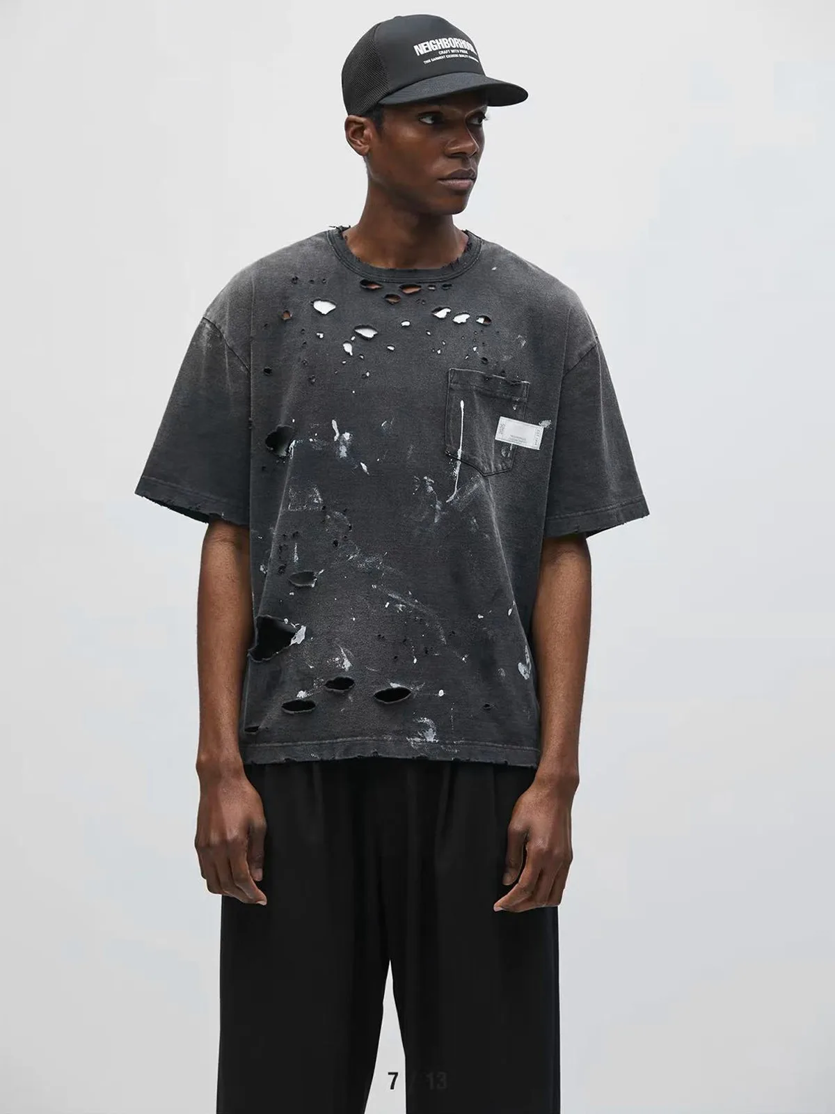 Neighborhood Savage Crewneck-p SS Japanese Trend Washed Distressed Short Sleeved T-shirt