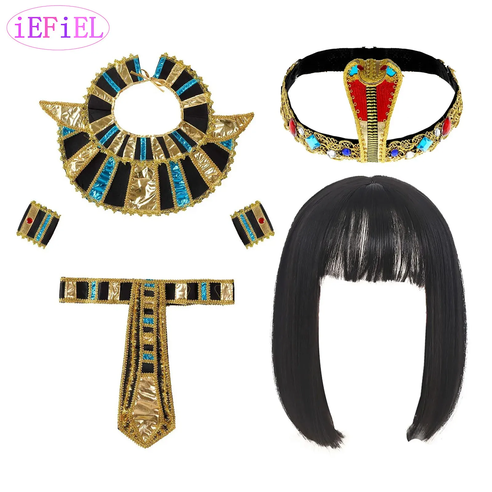 

Egyptian Pharaoh Cleopatra Cosplay Accessories Set Bob Wigs Headband Neck Collar Waist Belt And Wristband for King Queen Party