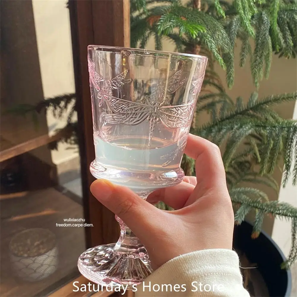 French Dragonfly Relief Glass Wine  Glass Wine Glass Thick Pressed juice Cup Girly ins Goblet Restaurant Personality Wine Glass