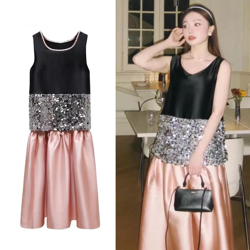 French Sweet Summer Two Piece Set New Fashion Women Lace Up Bow Sleeveless Tank Patchwork Sequins Tops + Pink Midi Skirt Suits