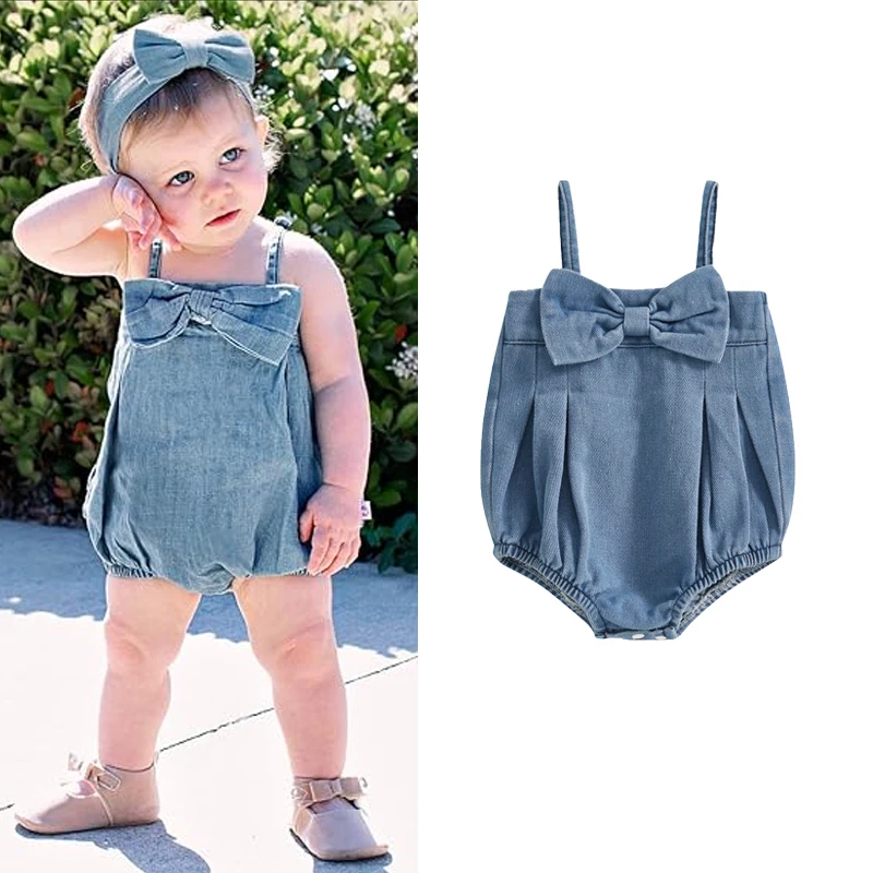 Focusnorm macacão jeans para meninas de 0 a 18 meses, sem mangas, gola quadrada, alça frontal, macacão para recém-nascidos