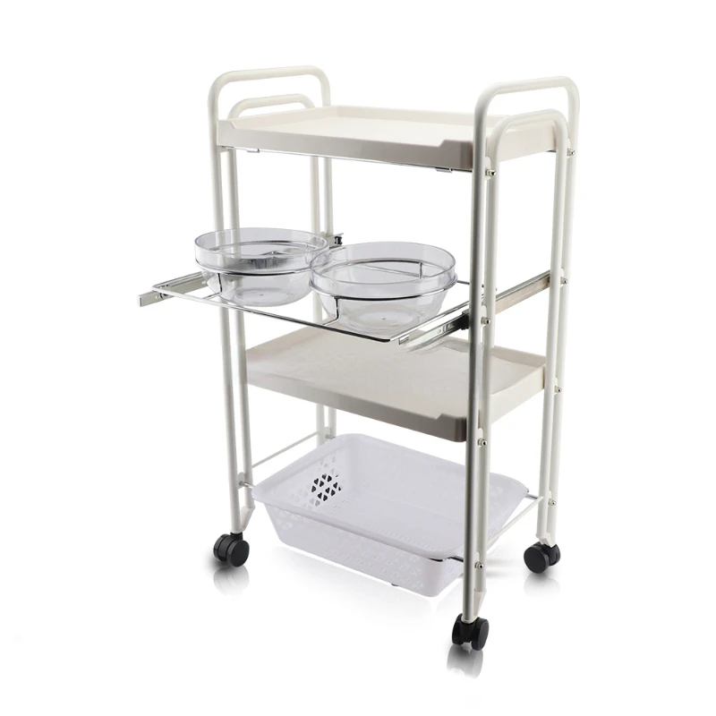 

New coming 3-level stainless metal and wood trolley spa beauty salon cart with bowl