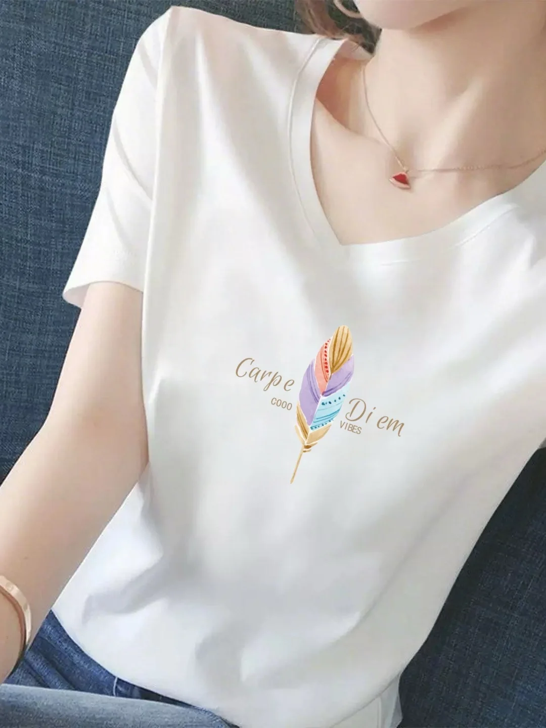 

Loose Fit V-Neck Short Sleeve T-Shirt Women's Printed Slimming Base Shirt Casual Style Standard Size Polyester Fiber