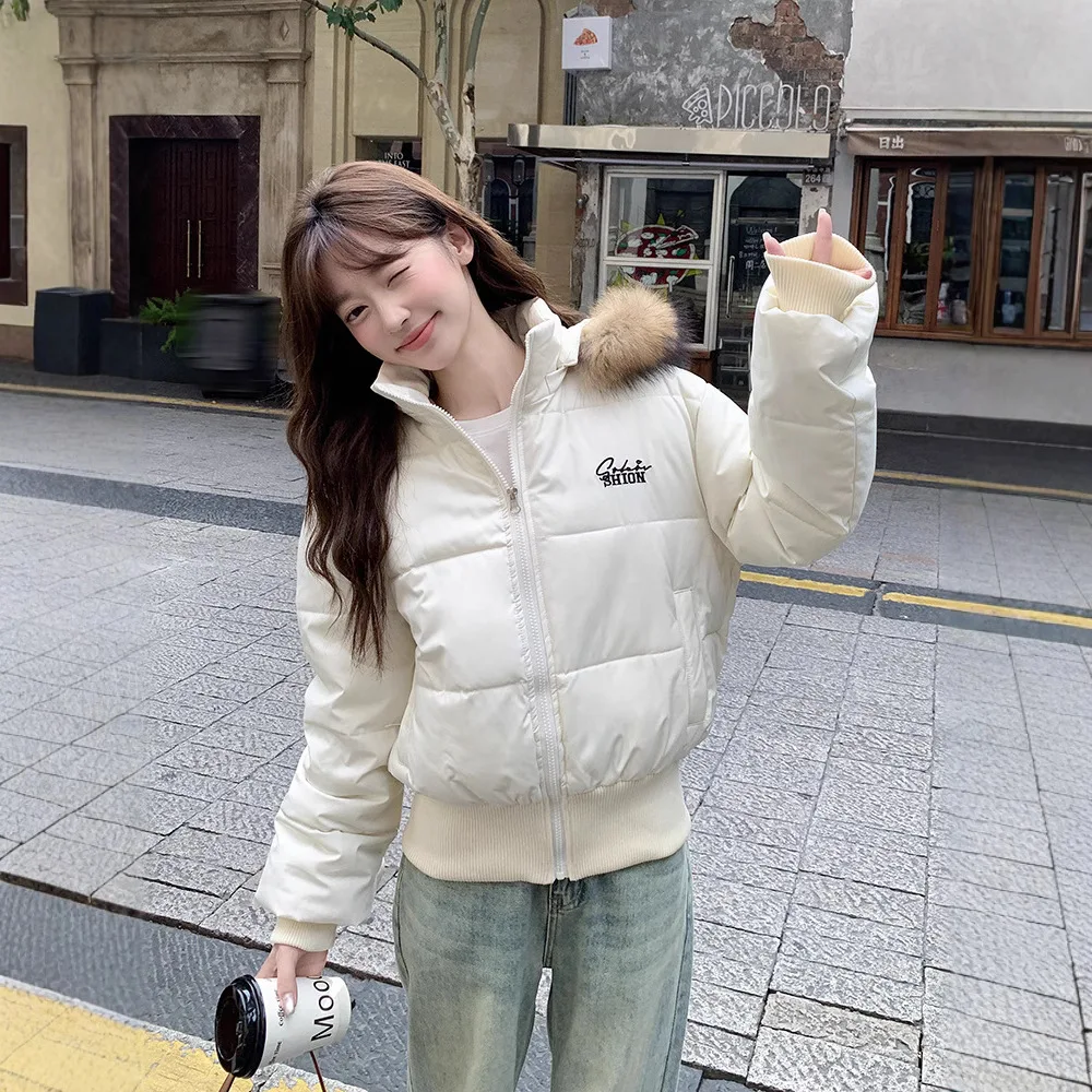 European and American 2025 Winter Fur Collar Hooded Cotton Short Women's Cotton Jacket Japanese and Korean Minimalist