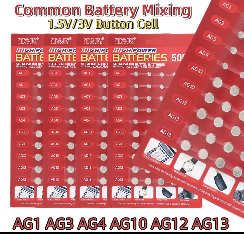 

50PCS/Card 1.5V/3V AG13 LR44 L AG1 AG3 AG4 AG10 AG12 SR44 LR41 Button Batteries A76 LR1154 GP7 Coin Cell for Watch Toys Remote