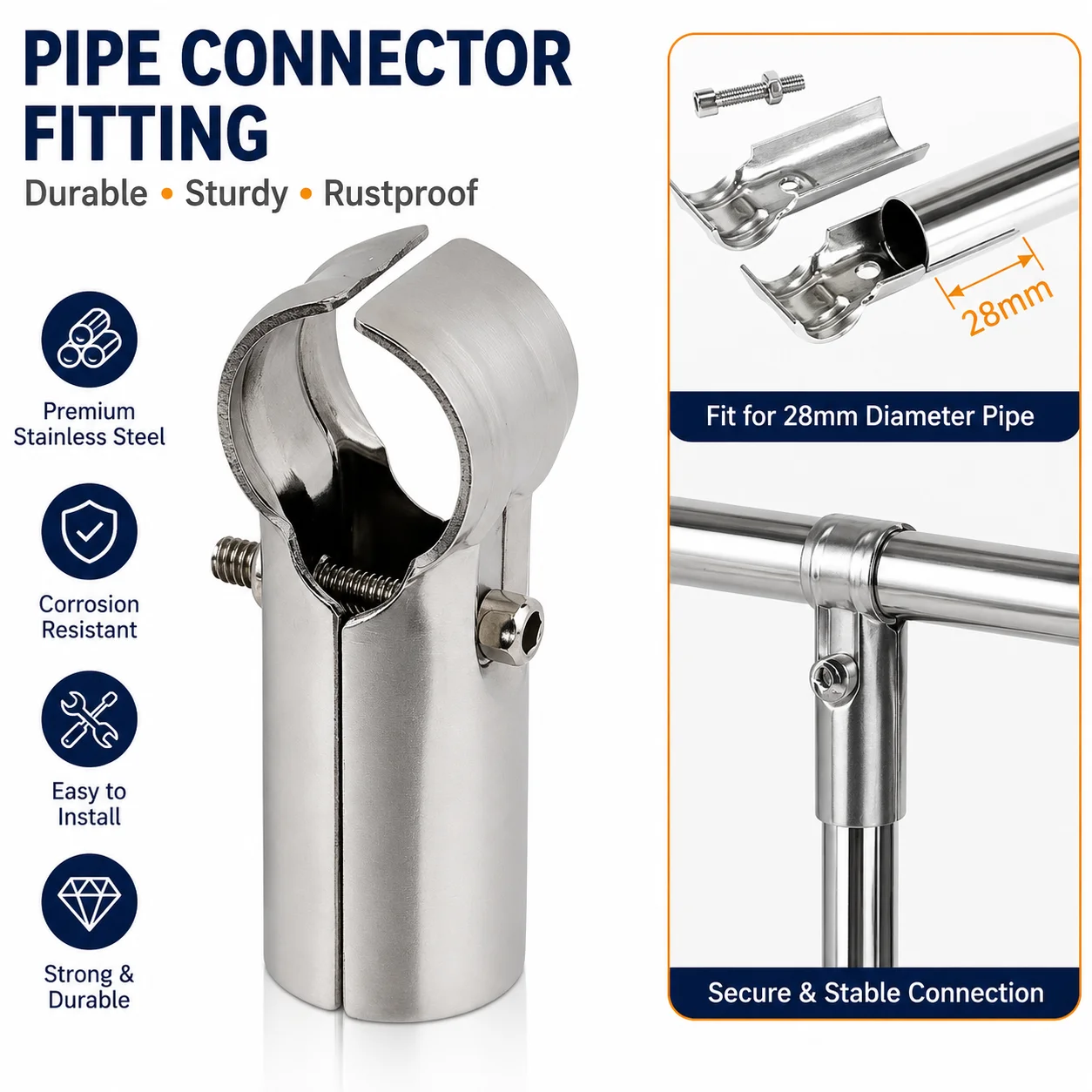 Conector de Tubo Redondo de 25 mm, Acero Inoxidable, Soporte para Varilla de Exhibición de Ropa, Abrazadera Fija, Herraje para Muebles