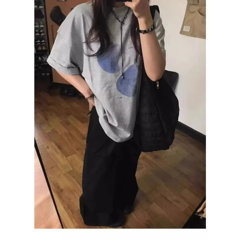 2026 Unisex Grey Short Sleeve T-Shirt Sweet Cool American Fruit Print Loose Casual round Neck Summer Top Cotton Commute Style