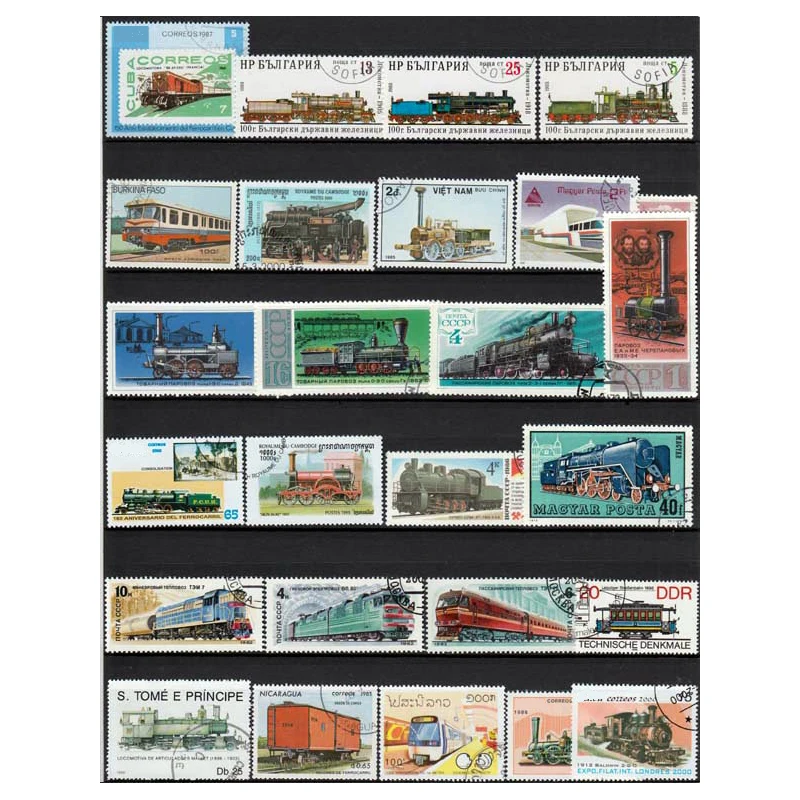 50 PCS All Different Topic Trains Unused Postage Stamps With Post Mark Collection