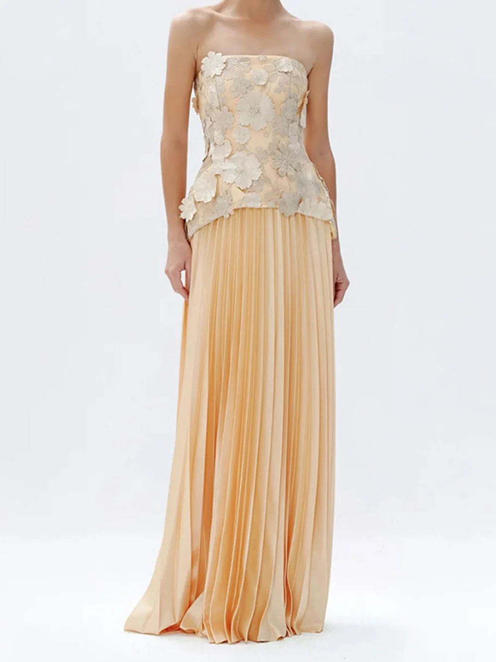 Modphy Elegant Two Piece Sets For Women Solid Splicing Embroidered Flower Strapless Top+Pleated Long Skirt Set Female New