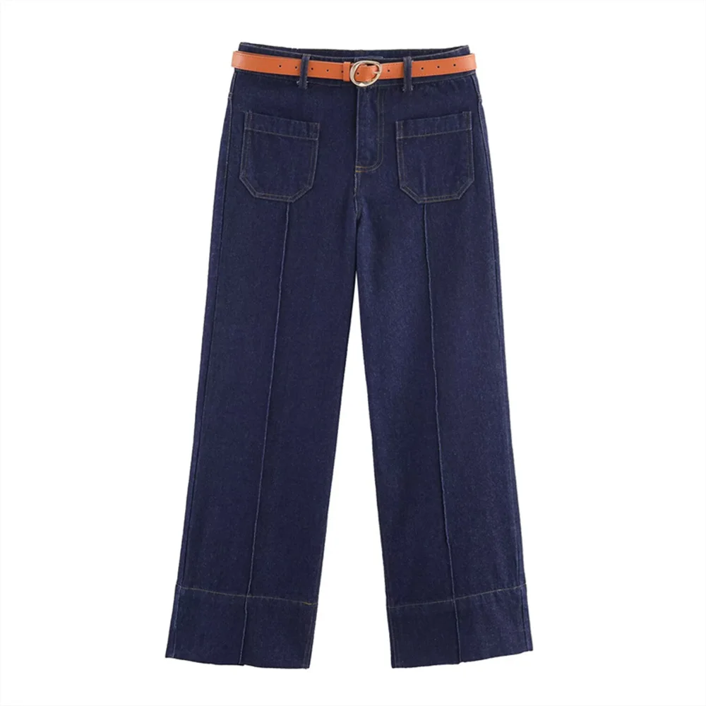 

s new women's clothing is fashionable casual versatile high waisted wide legged short cut waist belt jeans