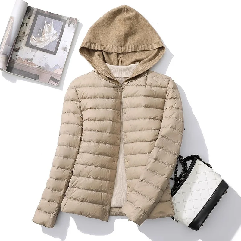 Autumn Winter Knitted Patchwork Hooded Down Jacket Women Warm Light Thin White Duck Down Coat Female Short Puffer Parkas Outwear