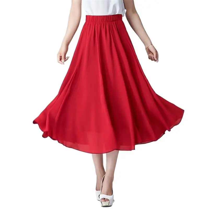 

2024 Summer Solid Office Lady Chiffon Long Skirts Candy Color Elastic High Waist Casual ALine New Fashion Slim