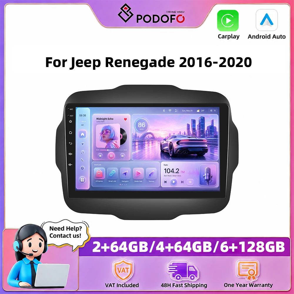 Podofo – autoradio 9 pouces pour Jeep Renegade 2016-2020, Carplay sans fil, Android Auto, systèmes de voiture intelligents, navigation GPS, lecteur multimédia, MirrorLink, BT, WIFI, unité principale