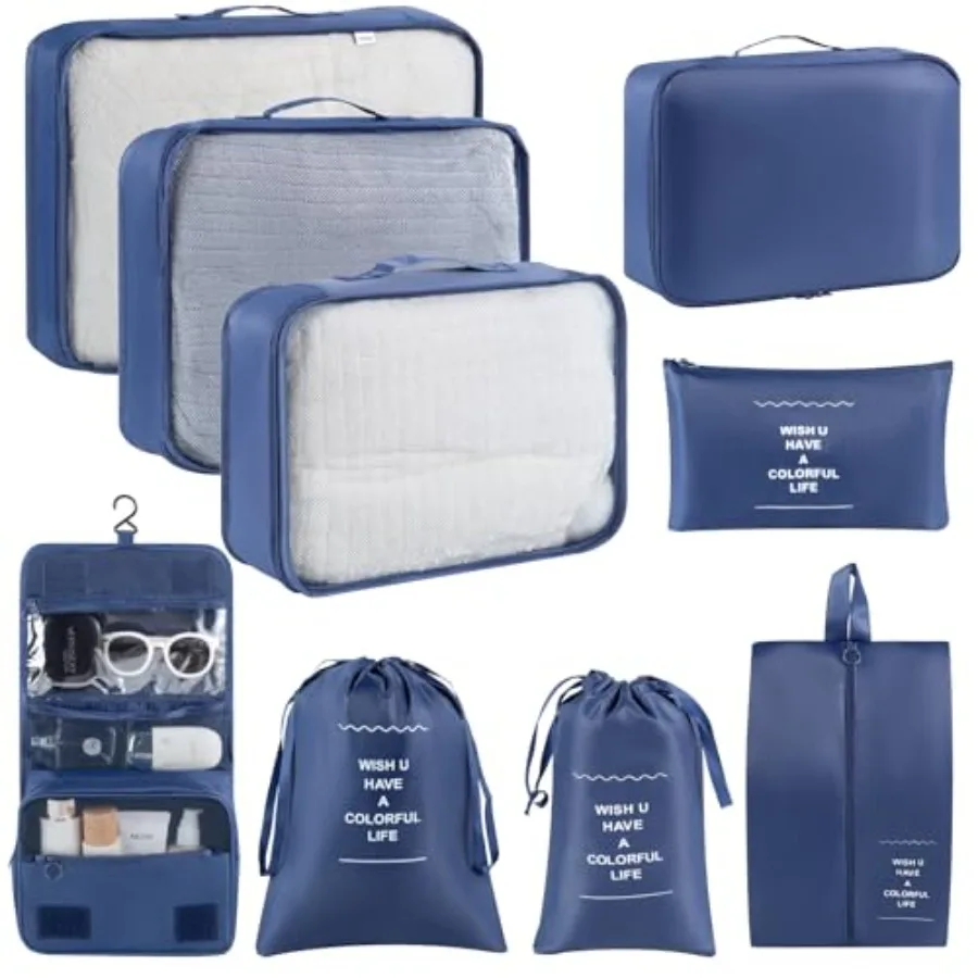 

9 Set Packing Cubes for Travel Essentials Suitcase Organizer Bags for Airplane Road Trip Camp - Navy Blue