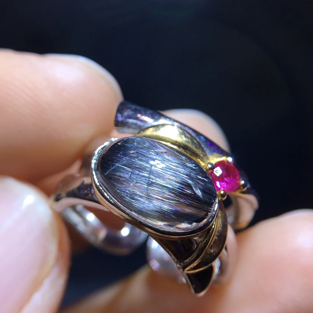 

Natural Brookite Platinum Rutilated Quartz Ring 10.6/7mm 925 Silver Woman Men Water Drop Lucky AAAAA