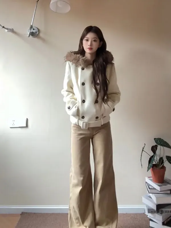 

Korean Style Fashionable Short Woolen Coat with Fur Collar Elegant Spring Outerwear for Women Unique Cute Small Size