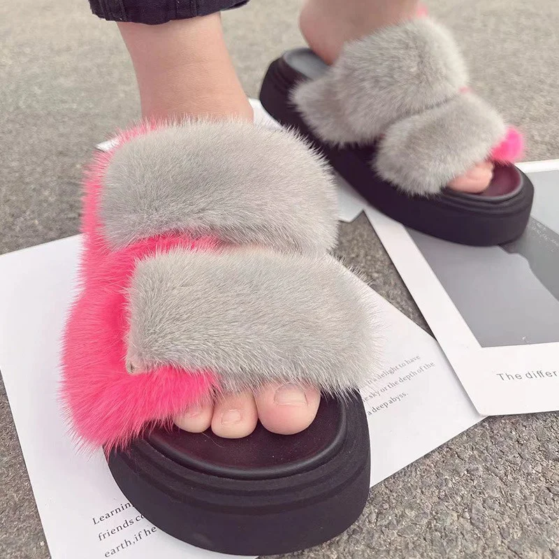 Summer New Color Contrast Design Thick Soled Plush Slippers 100% Natural Mink Hair Women Fashion Outdoor Non-slip Slippers