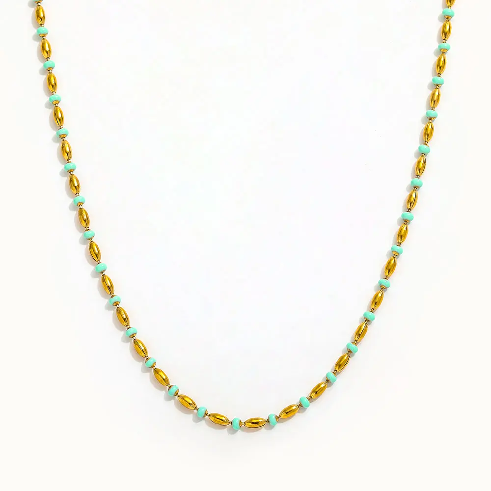 

Joolim Jewelry Wholesale Waterproof Dainty Simple Refreshing Summer Rice Grain Chain Stainless Steel Necklace for Women