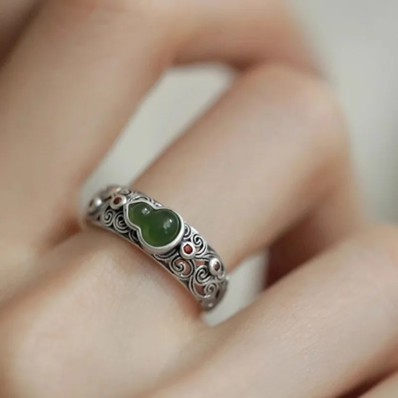 DIY accessories Lucky jasper auspicious cloud gourd ring women's new niche ethnic style retro silver ring national style Fulu op