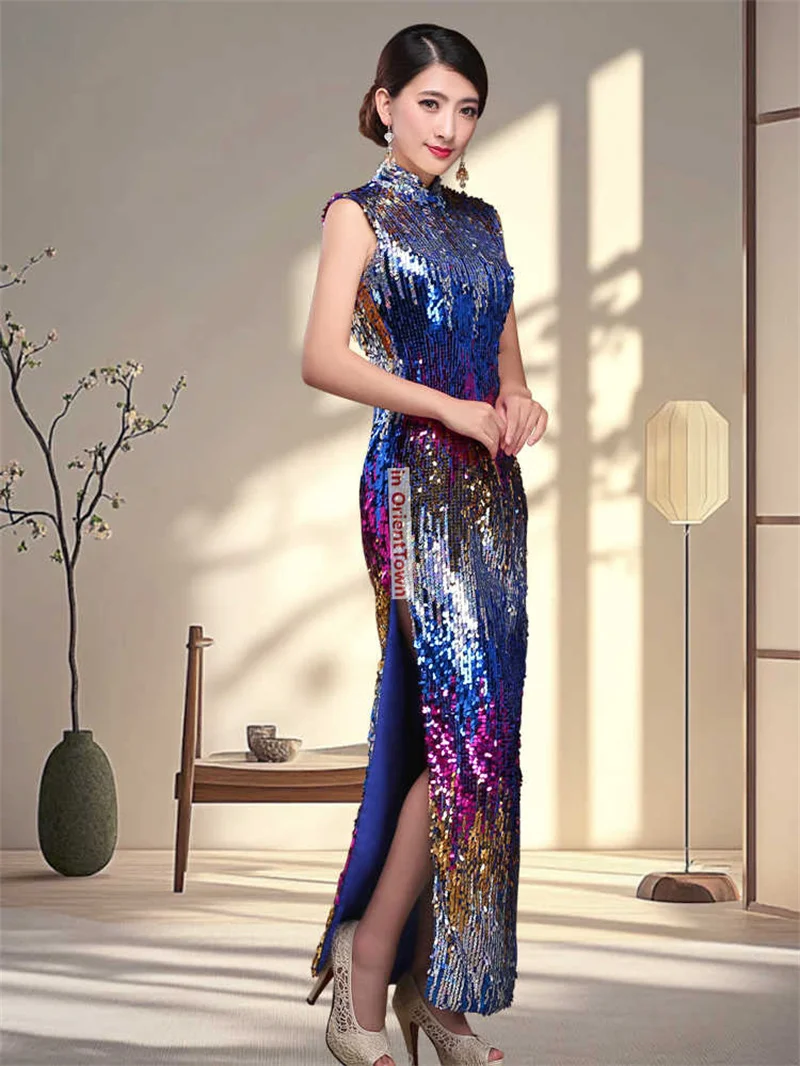 Asian Banquet Sequin Female Hosting Stage Cheongsam Runway Annual Party Evening Dress Youthful Festivals Celebration Costume