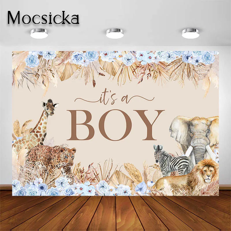 Mocsicka Blue Flowers Jungle Animals Baby Shower 1st 2nd Birthday Wild One Party Decorations Photography Backdrops for Baby Boys