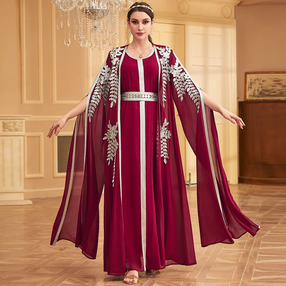 Middle Eastern Muslim Abaya Long Dress for Women, Fashion Dubai Two-piece Robe, Turkey Islam Clothing Applique Embroidery Dress