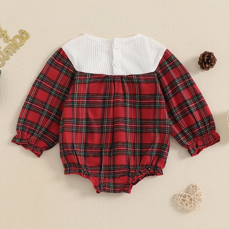 0-18M Baby Girl Christmas Romper Plaid Print Patchwork Ruffled Long Sleeve Tree Bow Crew Neck Bubble Jumpsuit for Fall