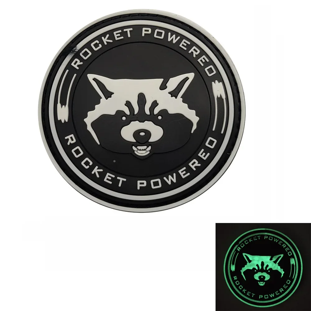 Rocket Powered Cartoon PVC Badge Multi-color Hooks Back Rubber Label Sticker Luminous Raccoon Head Tactical Patch for Backpack