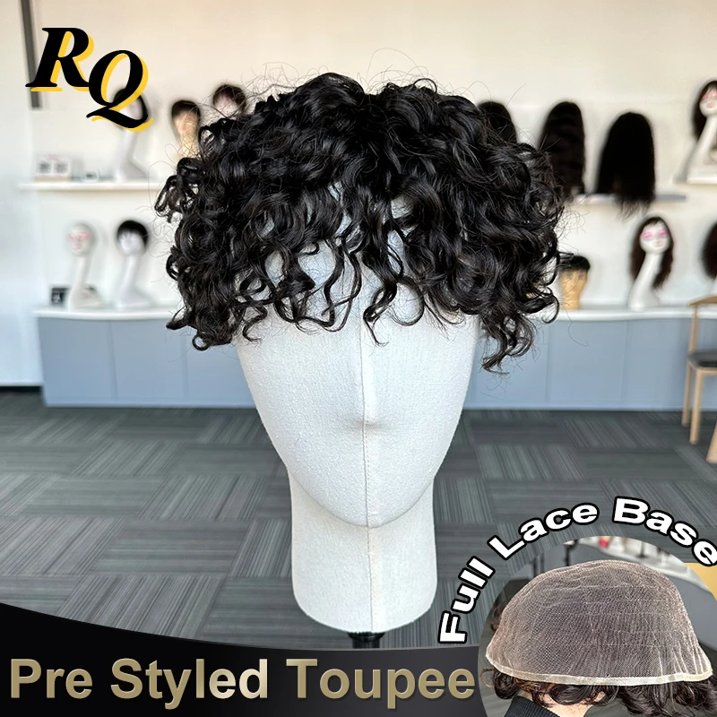 Toupee For Men 20mm Curl Pre Cut Styled Human Hair Swiss Full Lace Toupee Hair Replacement Systems Hair Protesis Hombre Male Wig