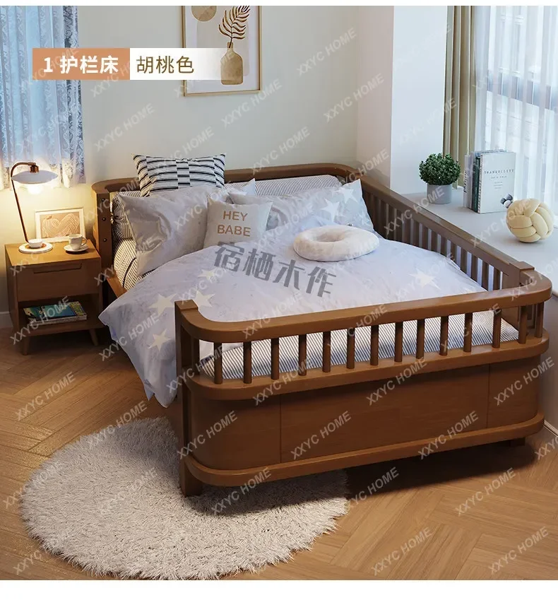Solid Wood Single Princess Bed with Three-Sided Guardrail Montessori Style Splicing Baby Fence Parent-Child Bed