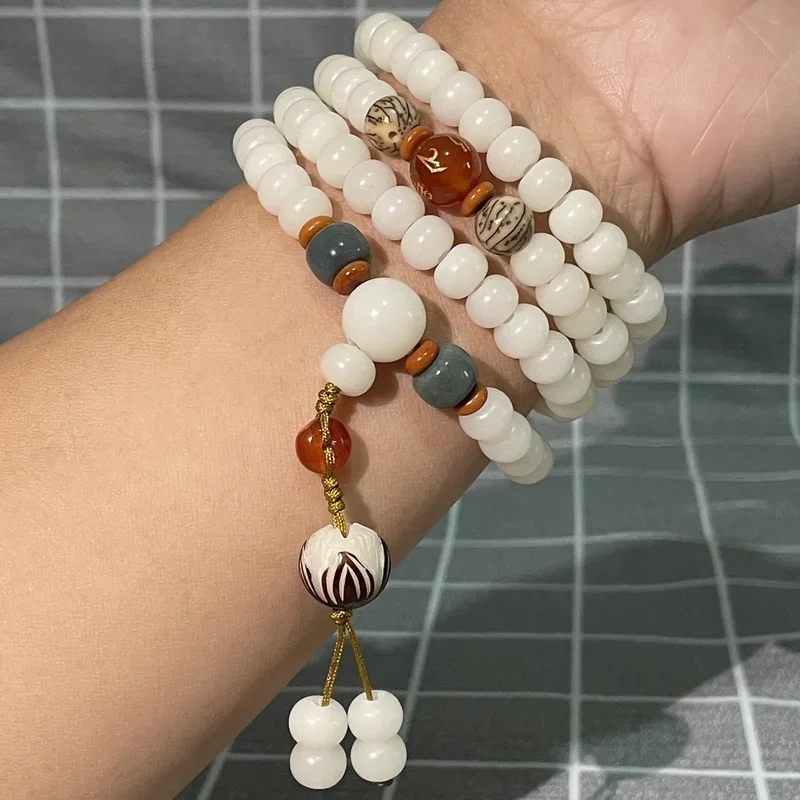 White Jade Bodhi Root Handstring Female 108 Natural Seed Buddha Beads Bracelet Lotus Couple Necklace