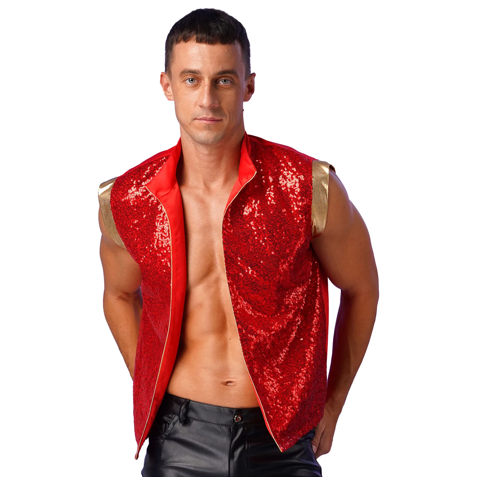 Mens Shiny Sequin Glitter Open Front Metallic Waistcoat Indian Arabian Prince Fairy Tales Cosplay Costume Sparkly Sequined Vest