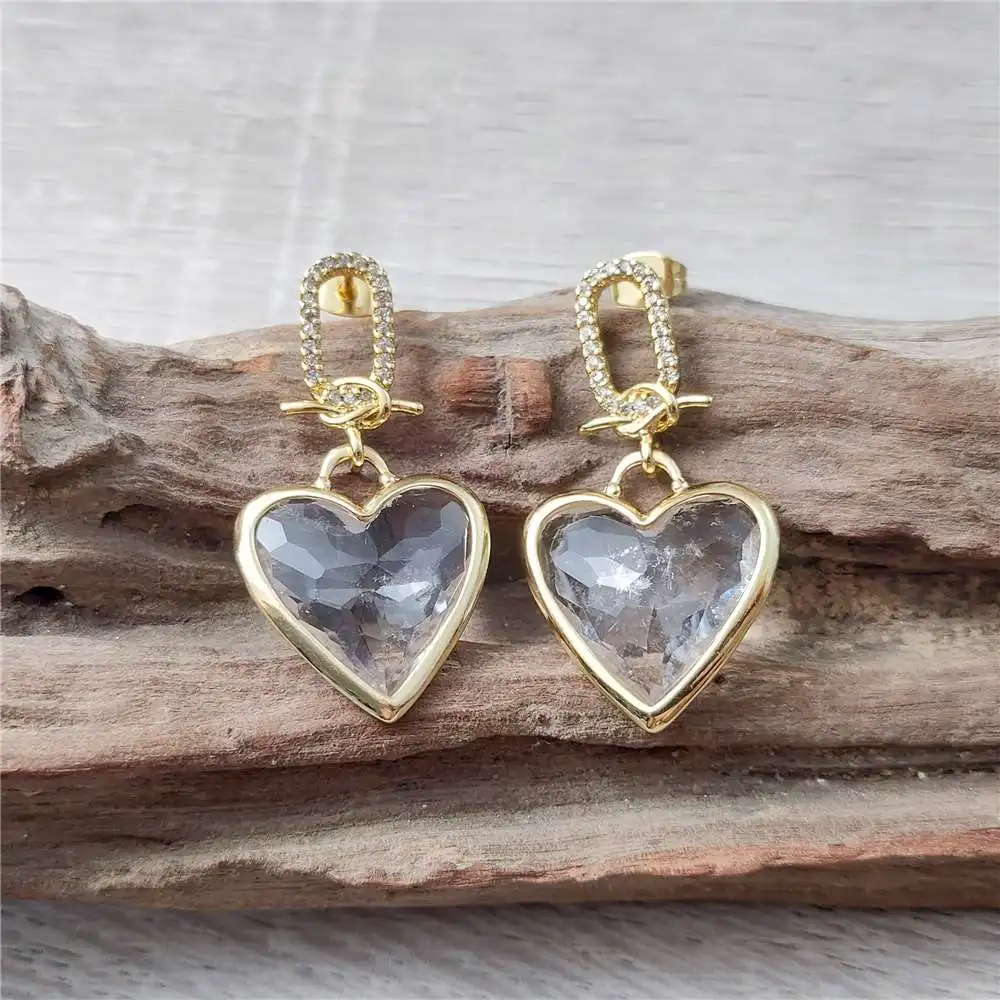 FUWO Wholesale Cubic Zircon Clear Quartz Earrings,Golden Plated Heart-Shaped Crystal Faceted Jewelry ER475CZ-1 5Pairs/Lot