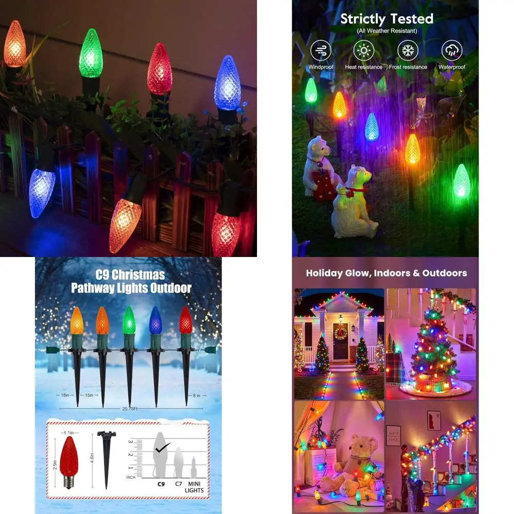 25.7ft 20-LED C9 أضواء مسار خارجية متعددة الألوان على شكل فراولة مع أوتاد ماركر، قابلة للتوصيل مقاومة للكسر لتزيين الفناء