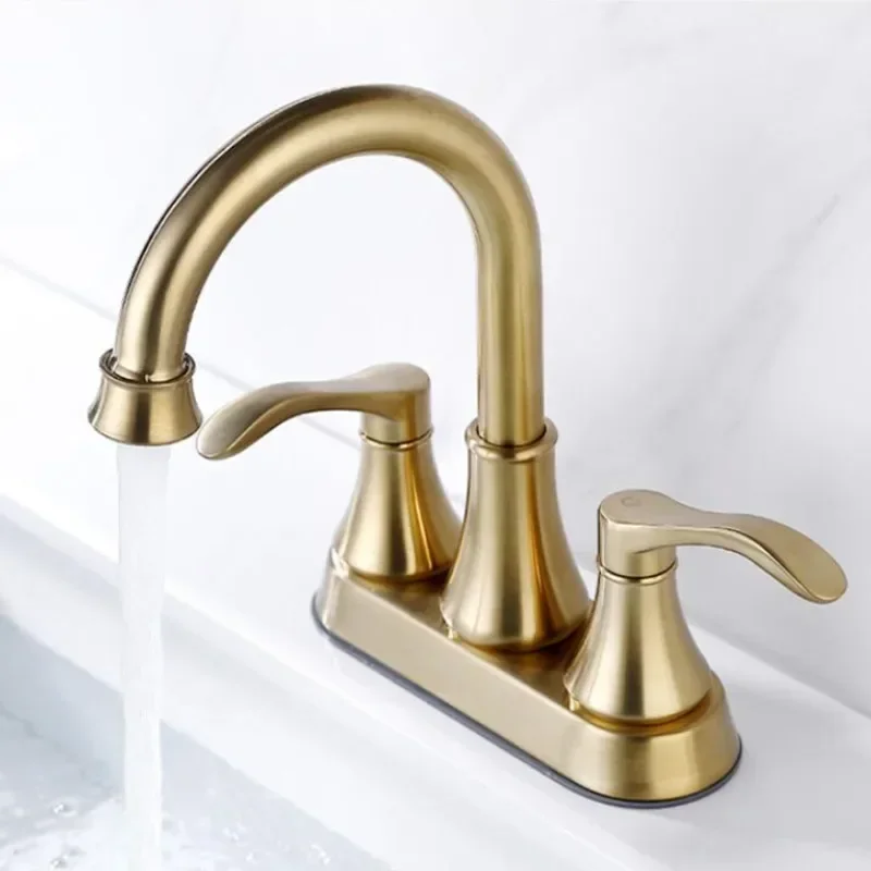 

Brush Gold Faucet Bathroom 4 Inch Hot Cold Water Mixer Crane Deck Mounted American Style Bath Tap Basin Mixer Brass Brush Gold