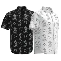 2024 New Disney Hawaiian Shirt Fashion Mickey Mouse Sketch Doodle Disneyland Short Sleeve Button Casual