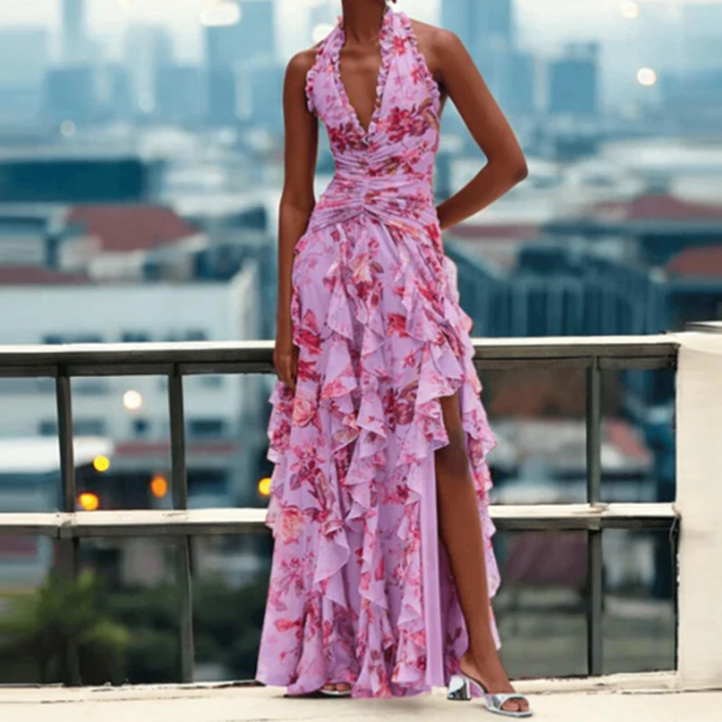 Lady Sexy Halter Floral Print Long Dress 2025 Summer Ruffles Hollow Out Slim Party  Dress Fashion Sleeveless High Waist Dresses