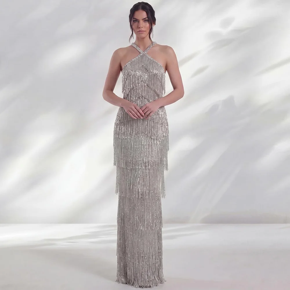Fashion Customized Halter Evening Dress Elegant Straight Sleeveless Celebrity Gown with Tassel Charming Crystal Vestido De Noche