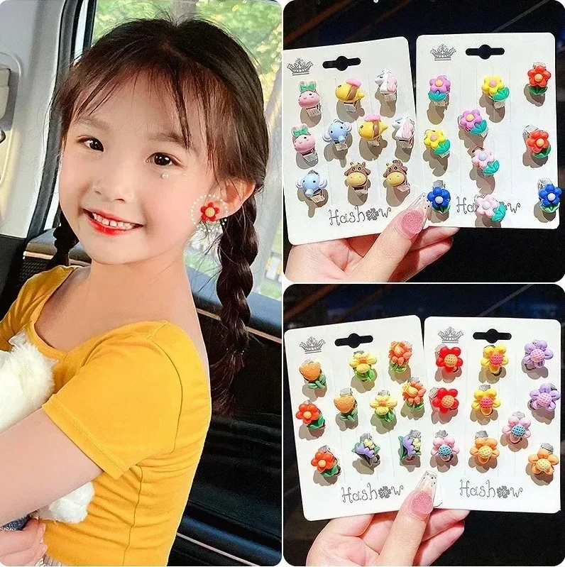 10ชิ้นต่างหู Anting-Anting anak perempuan น่ารักแบบไม่มีรูหูต่างหูดอกไม้เครื่องประดับเด็กเจ้าหญิง kado ulang tahun เด็กผู้หญิงเครื่องประดับเด็ก