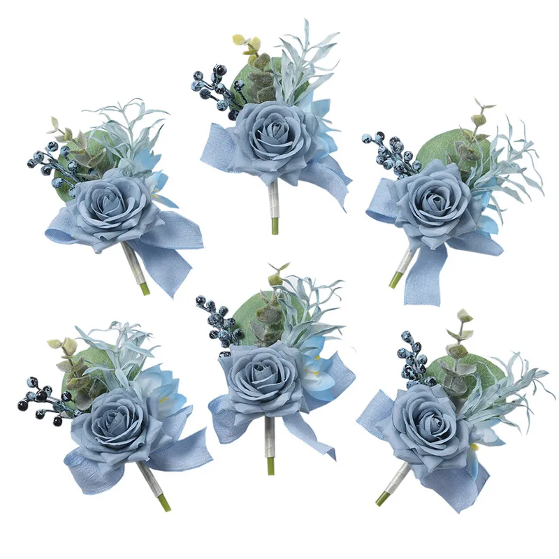 Staubige blaue Rosen-Boutonniere, 6-teilig, für Trauzeugen, Bräutigam, Boutonnieres, Hochzeit, Trauzeuge, Corsage, Herbst, Vintage, rustikale Hochzeitsblume