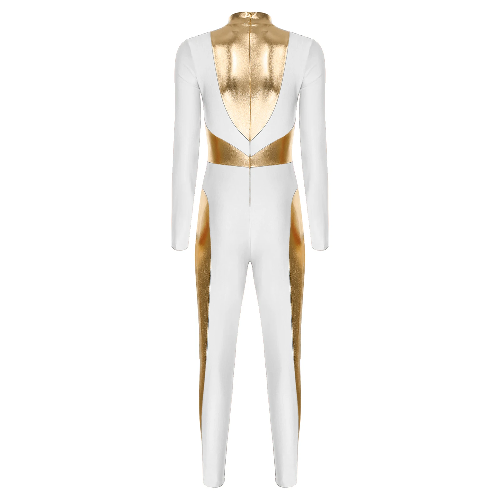 Womens Kunstschaatsen Ritmische Gymnastiek Podium Performance Kostuum Lange Mouw Metallic Glanzende Jumpsuit Balletdans Bodysuit