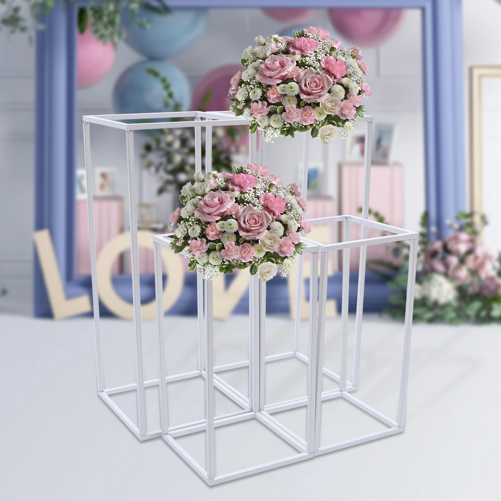 4*Metal Column Flower Stand Balloon Flower White Rack Wedding Backdrop Stand, Art Geometric Column Stand Flower Rack Holder