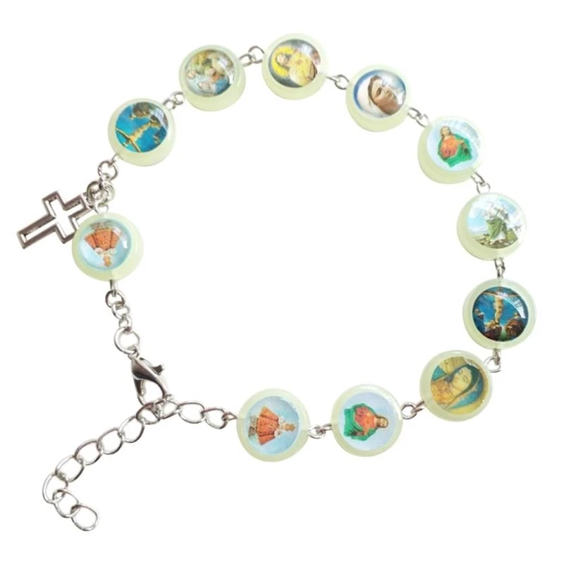 

652F Unisex Luminous Beads Bracelet Wristband Prayer Beads Rosary Bracelet with Crucifix-Cross-Charms Adjustable Gifts