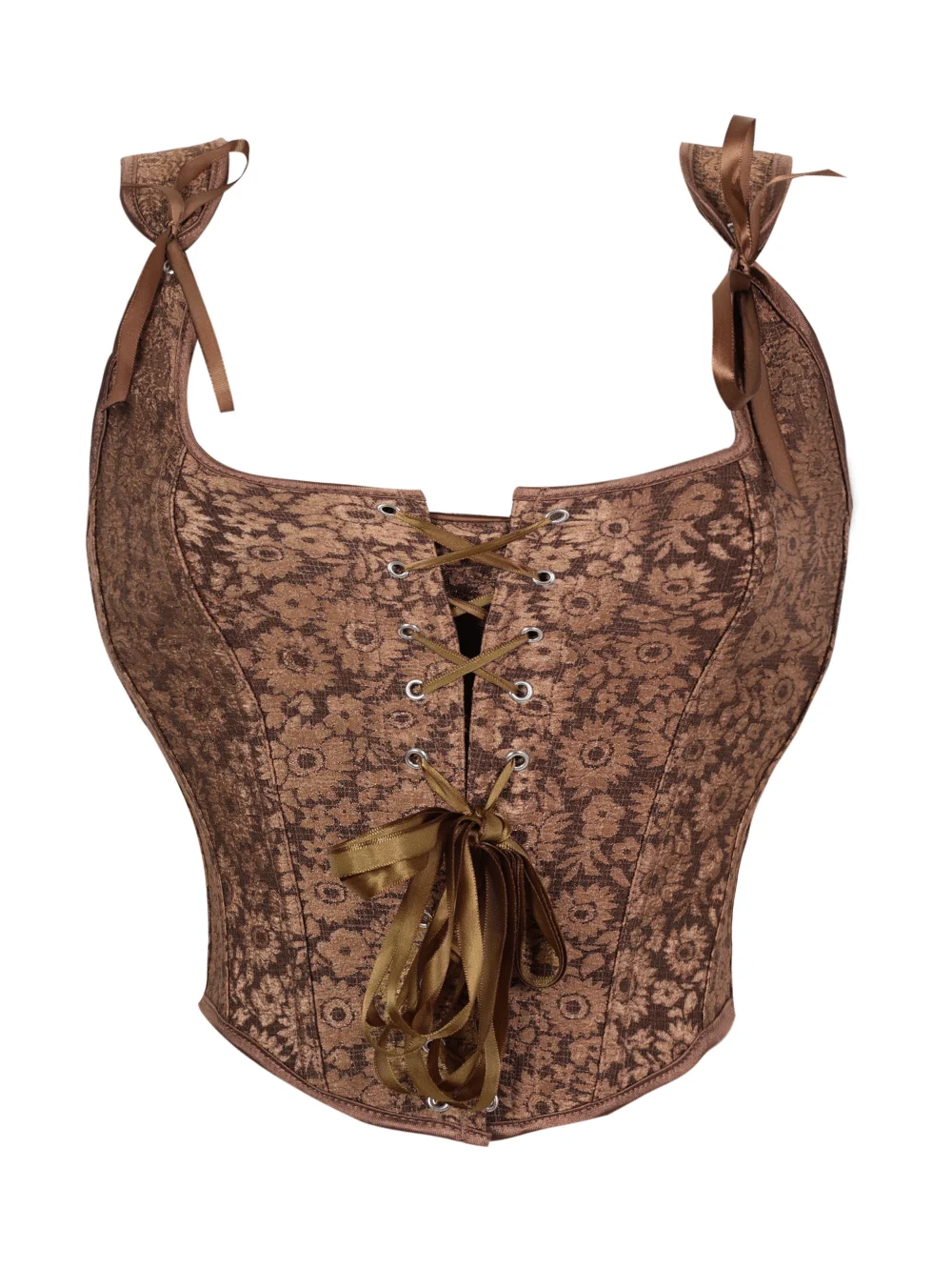Women Square Neck Floral Jacquard Corset Top Wide Tie Straps Front Lace Up Vintage Cropped Bustier